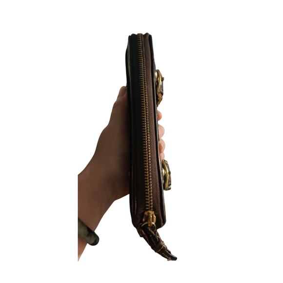 Coach Zoe Brown Gold Leather Jacquard Double Buckle Zip Around Accordion Wallet - Picture 4 of 8